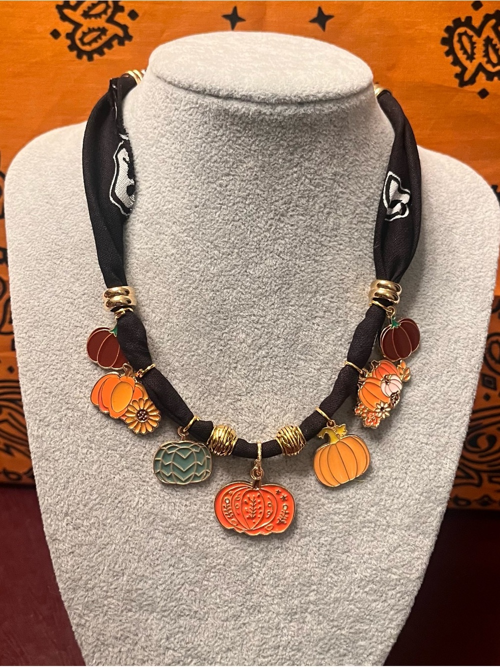 Autumn Pumpkin Charm Necklace - Orange & Black